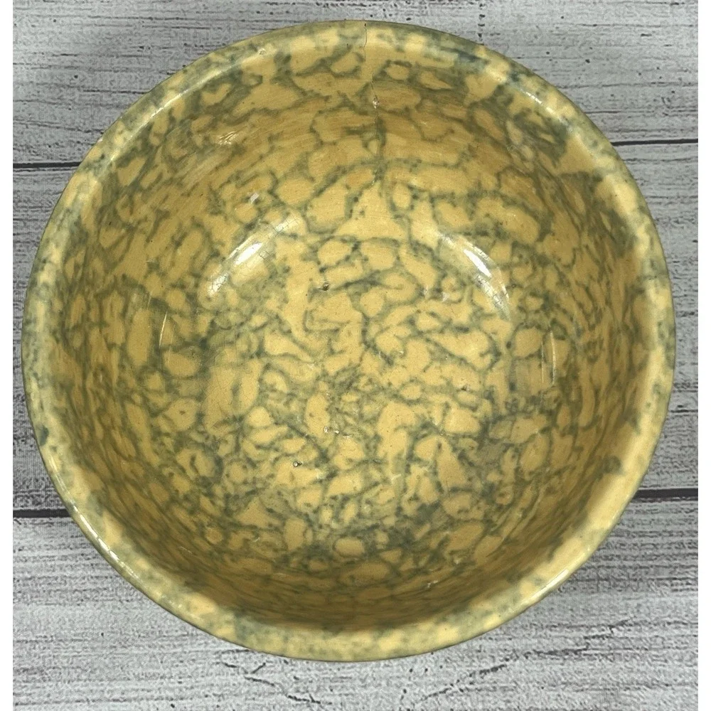 Antique Sponge Ware Serving Bowl Green Spatter 6
